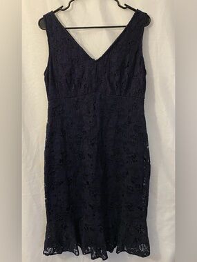 Donna Karan Dark Navy Lace V-Neck Midi Dress